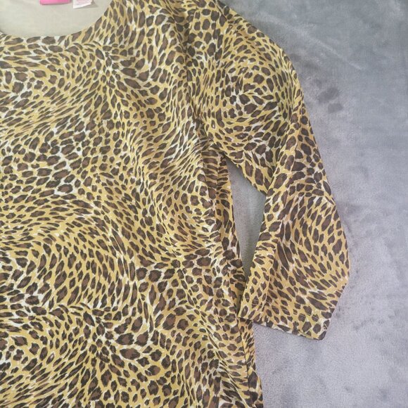 Pappagallo Women Leopard Print Top L Brown Black Animal Print 3/4 Sleeve Stretch - Picture 3 of 7